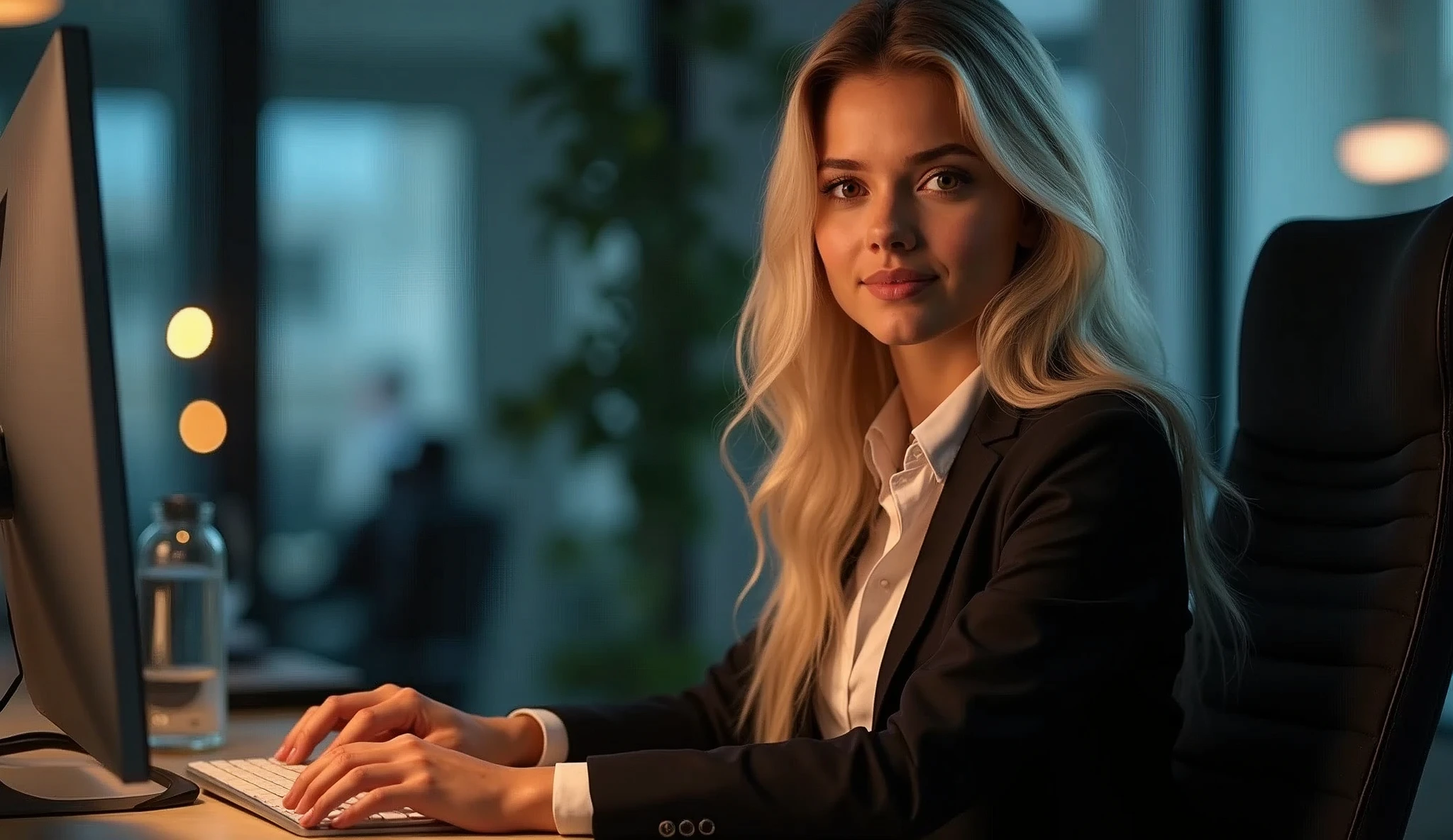 a beautiful girl with long blonde hair, detailed eyes, nose, and lips, wearing professional outfit, siting in her office, using her computer, hp comuter (best quality,4k,8k,highres,masterpiece:1.2),ultra-detailed,(realistic,photorealistic,photo-realistic:1.37),HDR,studio lighting,extremely detailed face and body, portrait,cinematic lighting,dramatic lighting,warm color tones,dramatic colors