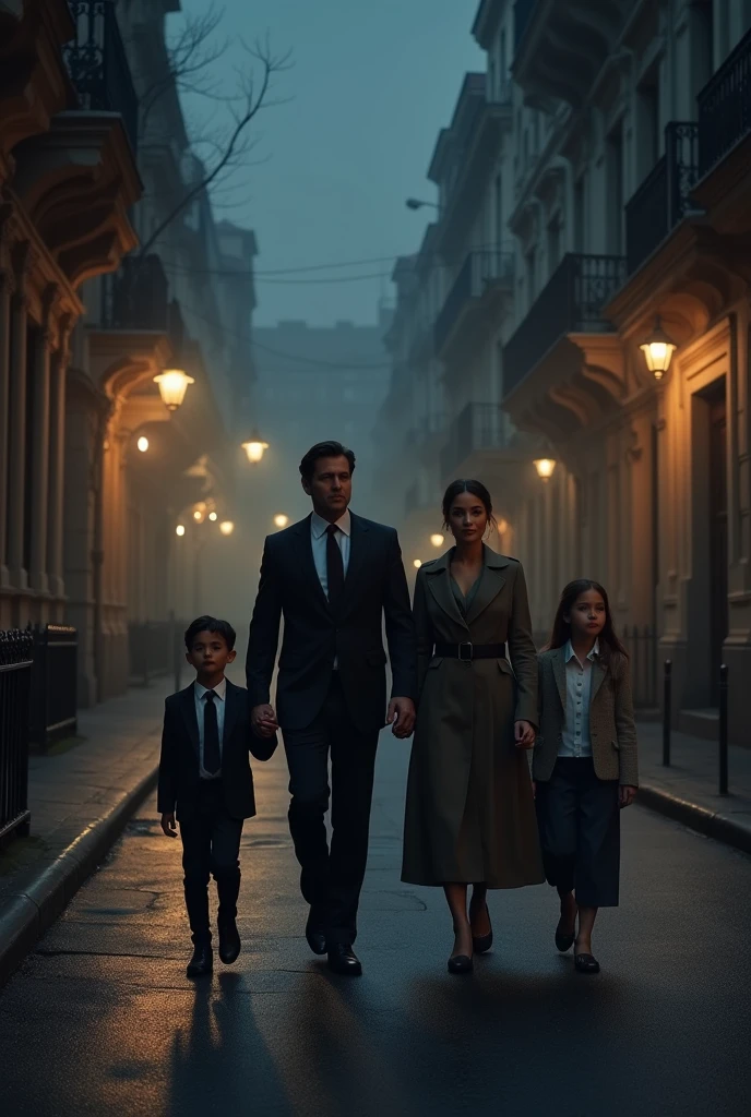 Man walking on a dark street with his wife and 3 children in elegant clothes