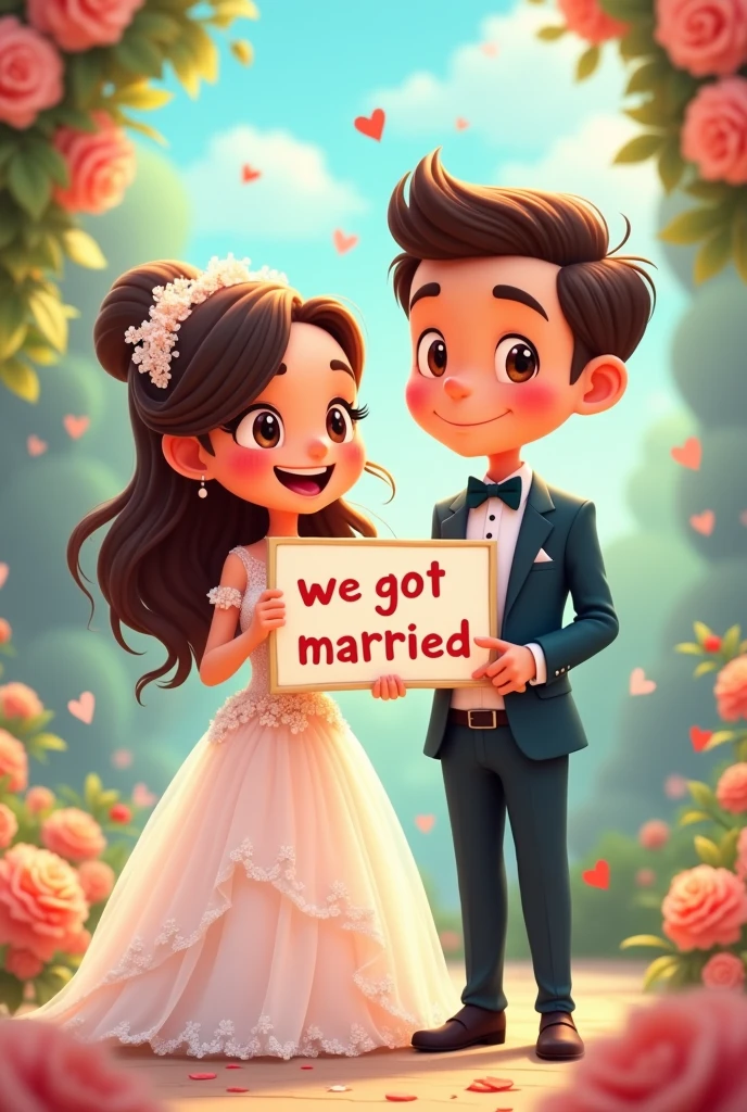 Full body couple dressed as animated bride and groom , She and he holding a sign that says " we got married"