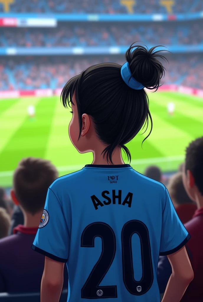 A girl is watching a football match of Manchester city. She has weared Manchester city jersey. Her name asha and Jersey number 20 is written in her Jersey 