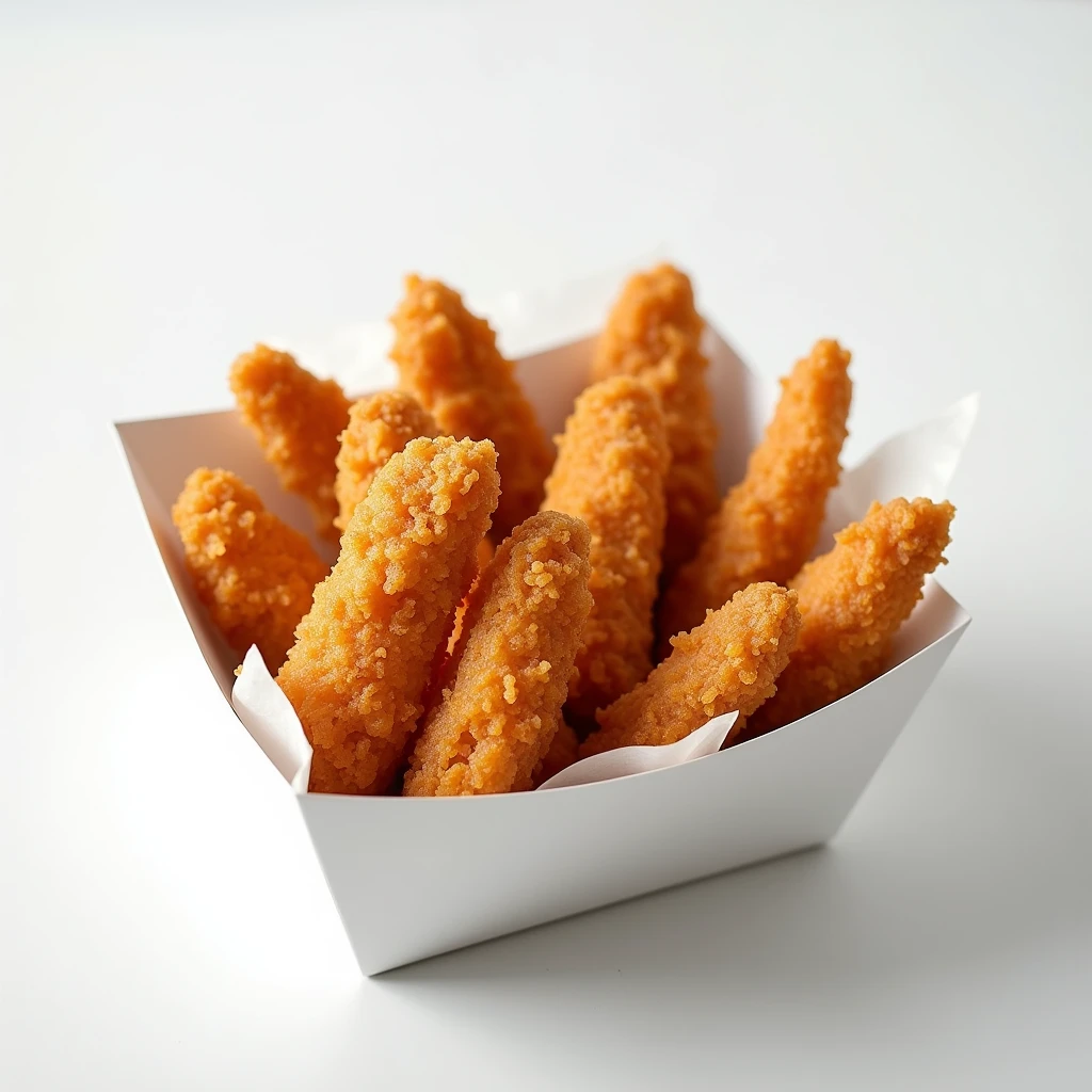 fried chicken fillets in a recipient with no branding on a white table with neutral shades, taken with a professional camera, intended for digital flyers, perfect framing, white background, realistic, professional photography, accurate, epic, gorgeous, stock photo, good lighting, reslistic textures, hyperrealistic, centered, easy to look, mockup