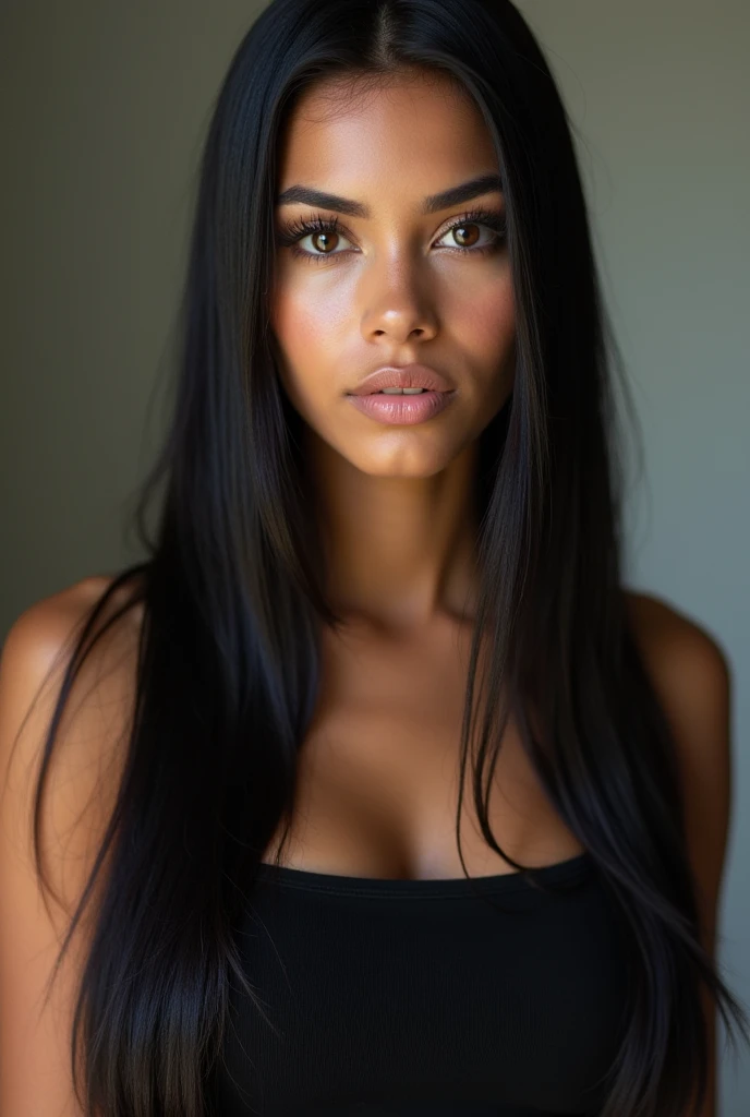 Brazilian woman, long straight black hair, brown eyes, age 20 to 25, front photo