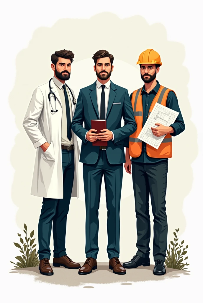 Make me a picture that has,a doctor a teacher, a systems engineer in one image,to do it in a stamp to sign notebooks , or else it involves those 3 professions but for men