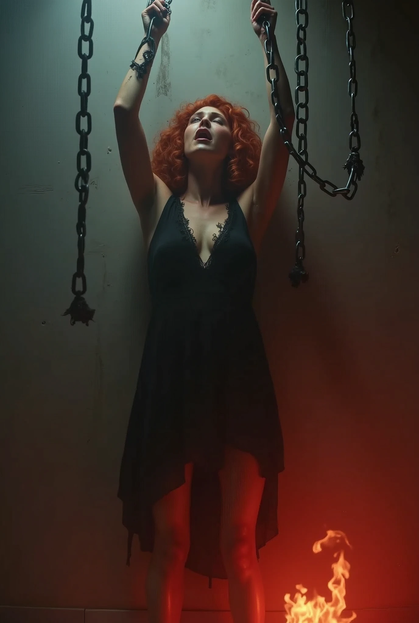 (((realistic hands))). 1woman, a redhead slave chained to the wall, arms up, her body dangles attached to the chains. Standing with open chained legs. Wearing torn black dress. Expression of fear in her crying eyes. extremely photorealistic. natred woman, natred curly hair, The characters are surrounded by mist, evoking a mysterious and eerie atmosphere. The lighting is dark and atmospheric, with a red smoke adding a touch of sinister ambiance. The image is of the best quality, with a resolution of 4k and HDR enhancement, showcasing the utmost level of detail and realism, sfw, full body shot. View from above. (1woman), MFBP1, [[YES SWF]], the woman is grabbing the chains like weapons in a powerful way, the chains are on fire