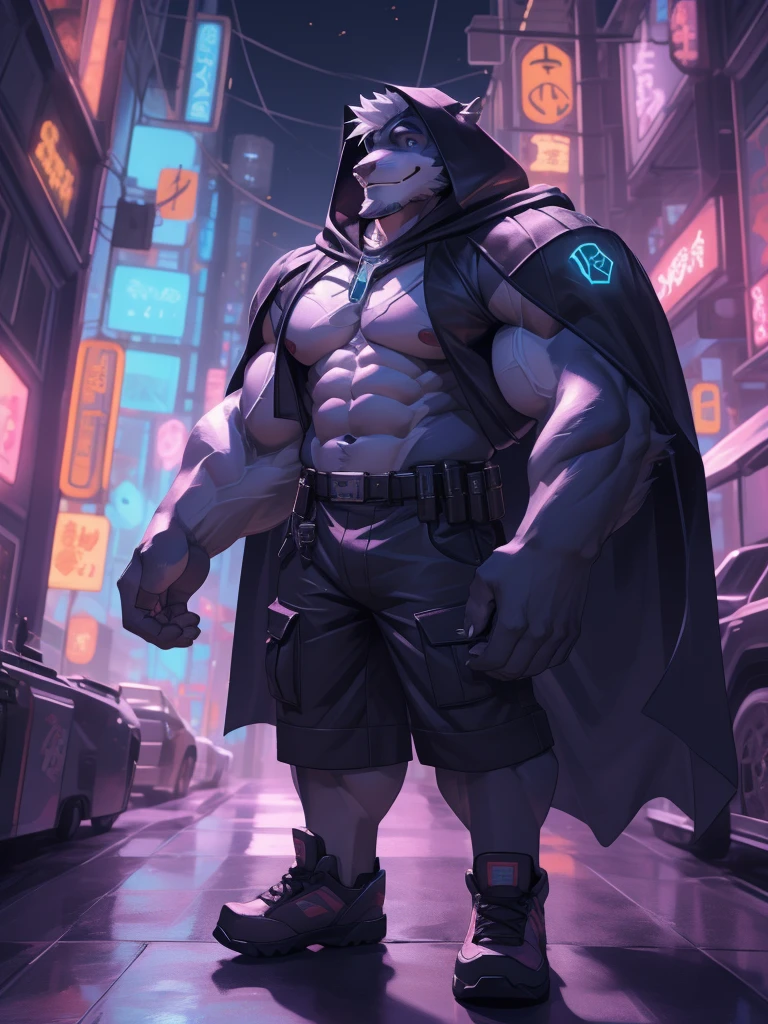 Solo, 1boy, perfect anatomy, perfect proportion, (cyberpunk style, hood, cloak, neon lights, high-tech clothing), perfect center, sharp eyes, big eyes, peaceful, eyes, halo, (smile, happiness), calm, perfect fingers, big hand, fingers. Huge Muscular Old man with short hair, shoes, (cargo shorts), view from side, pectoral, thick arms, huge pectoral, wide pectoral, white hair, white beards, simple background, masterpiece, semirealistic:1.2, high detailed, 8k, high resolution, perfect center, full view. ((really big muscle, massive muscular, sixpack, thick arms, wide pectoral, super huge muscle, hyper muscular, over sized muscle, huge arms, big arms, huge pectoral))