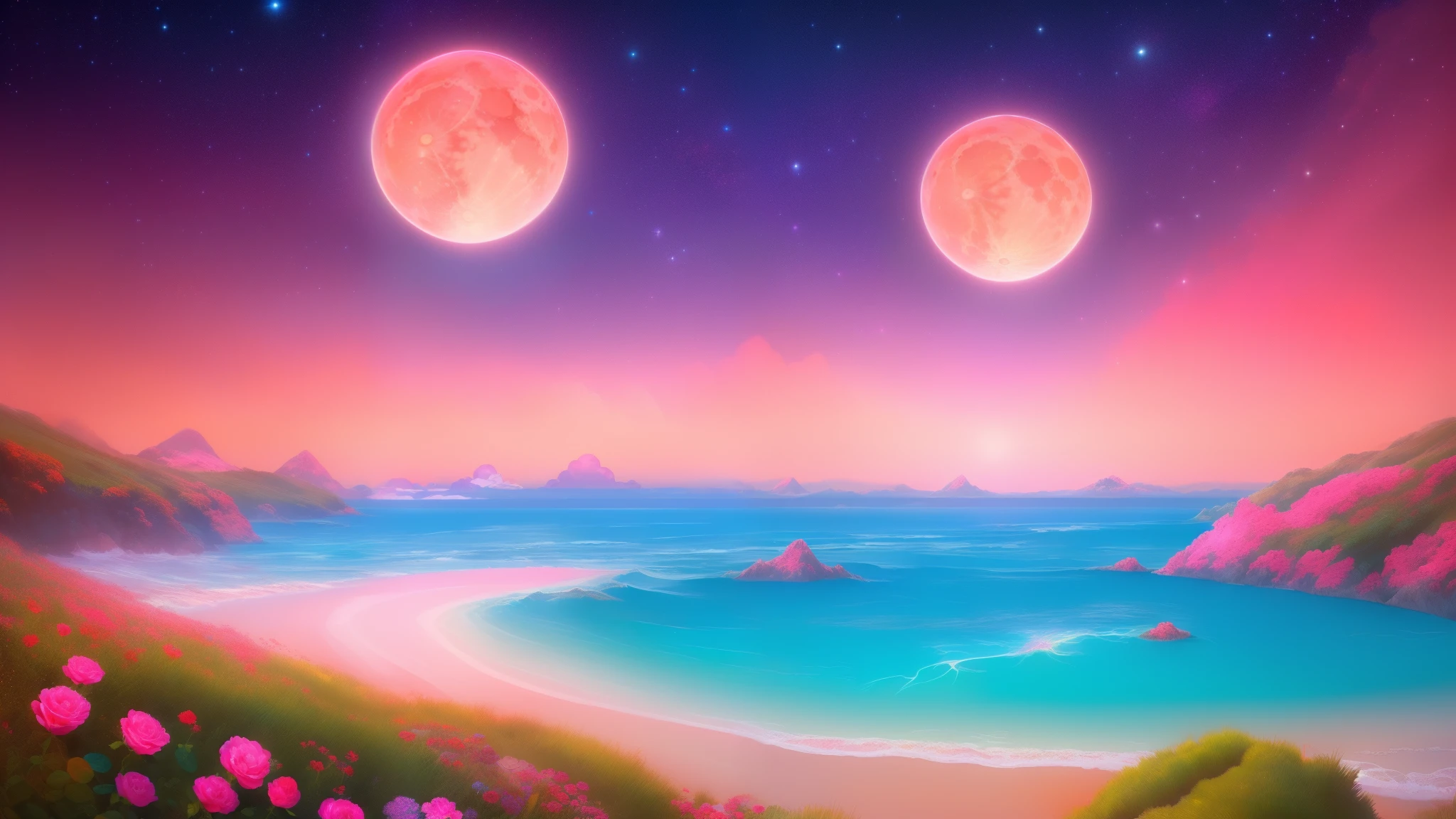 (best quality, ultra-detailed, photorealistic: 1.39), bright and vibrant colors, studio lighting, Red moon, sky shooting stars, soft azure clouds, sparkling, sparkling neon green ocean waves, pink roses in the pink ocean, fantasy, diamond, crown, universe, soft lights,
