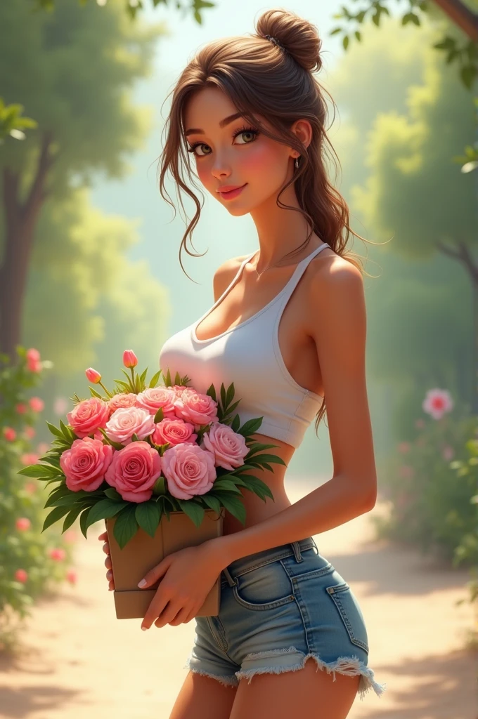 A buttyful lady with shots and croptop, a flower box in his hand, cute and smile face