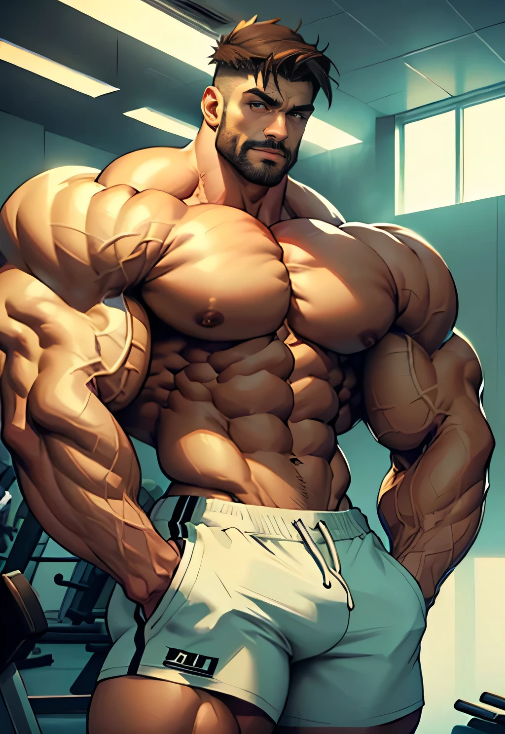  Ultra muscular pecs gym hunk moustache man, A cool guy who has massive biceps , aestheticly proportional body, and cool pose, massive pecs bulging, naked, shredded abs, 