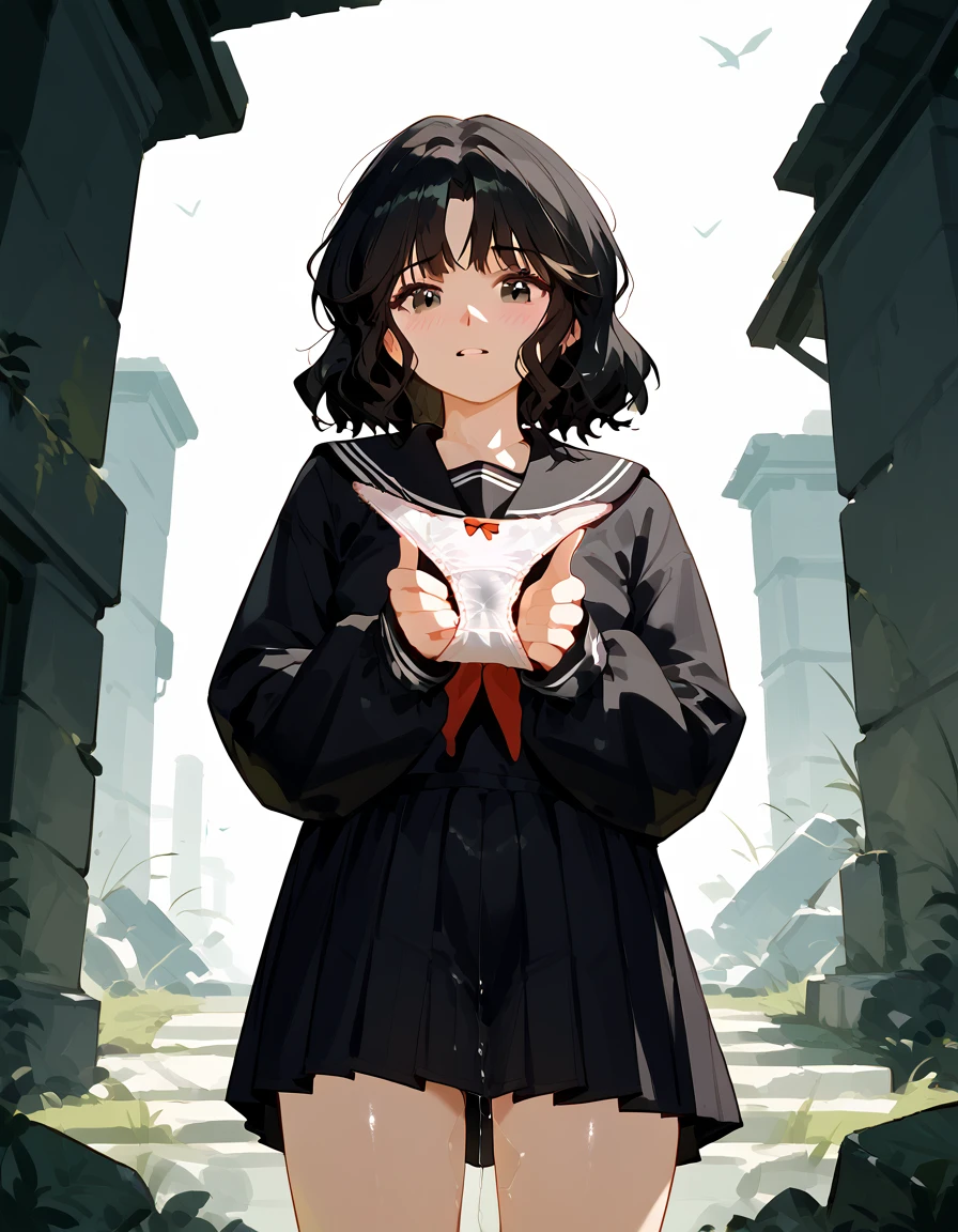 (((masterpiece, ultra-detailed))),unaestheticXLv31, nsfw, ,Black serafuku, long Sleeves, {holding panties}, pussy juice stain, standing,, kaoru tanamachi, black eyes, black hair, messy hair, Shiny skin, ruins