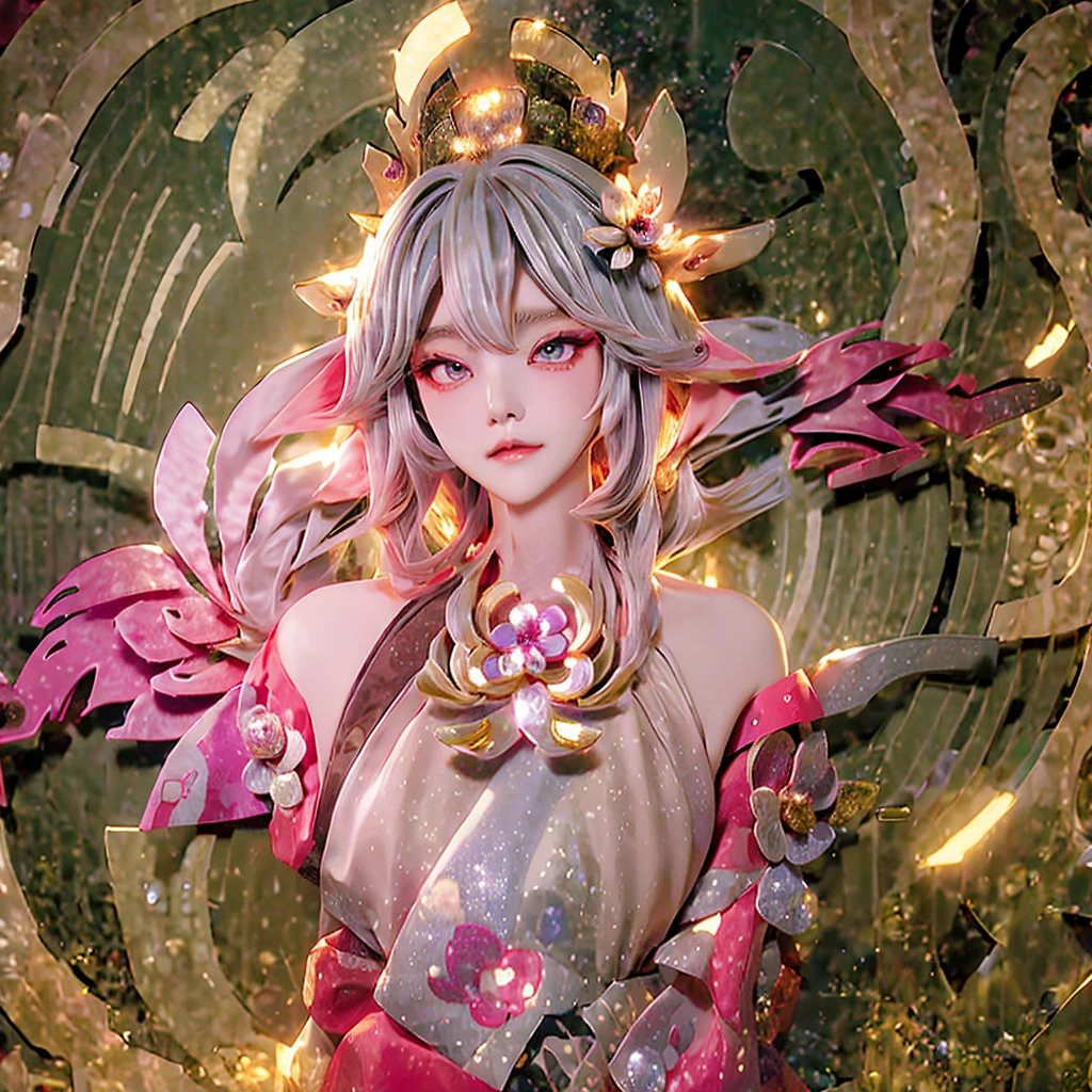 Cute Woman Japanese style Golden kimono Bob Hair Silver Hair Gorgeous large flower hair ornament Golden halo Big eyes Pink floral glowing background Silky skin round face