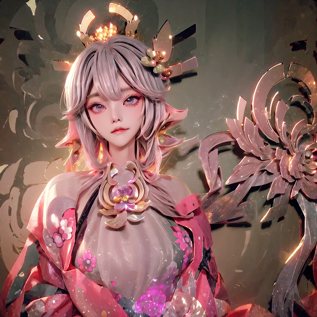 Cute Woman Japanese style Golden kimono Bob Hair Silver Hair Gorgeous large flower hair ornament Golden halo Big eyes Pink floral glowing background Silky skin round face