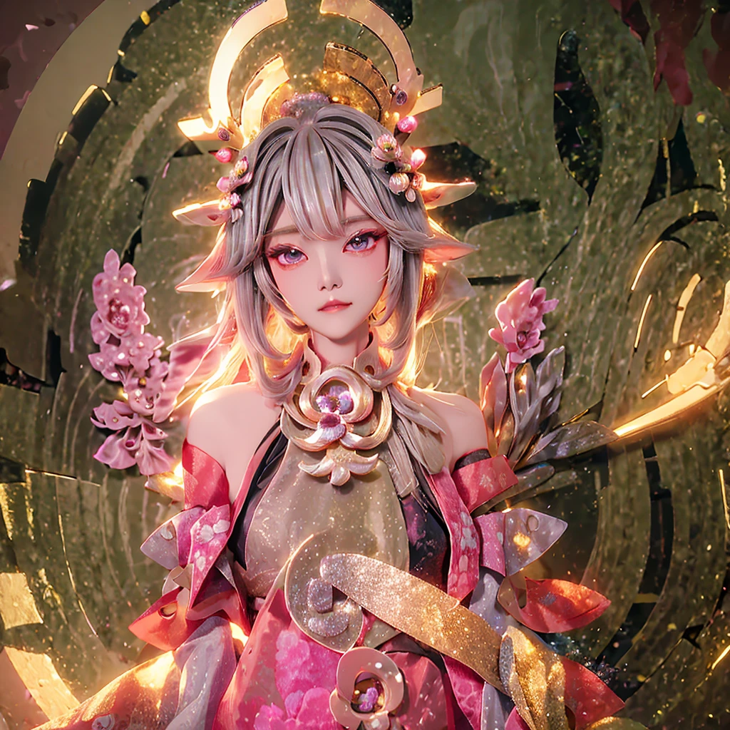 Cute Woman Japanese style Golden kimono Bob Hair Silver Hair Gorgeous large flower hair ornament Golden halo Big eyes Pink floral glowing background Silky skin round face