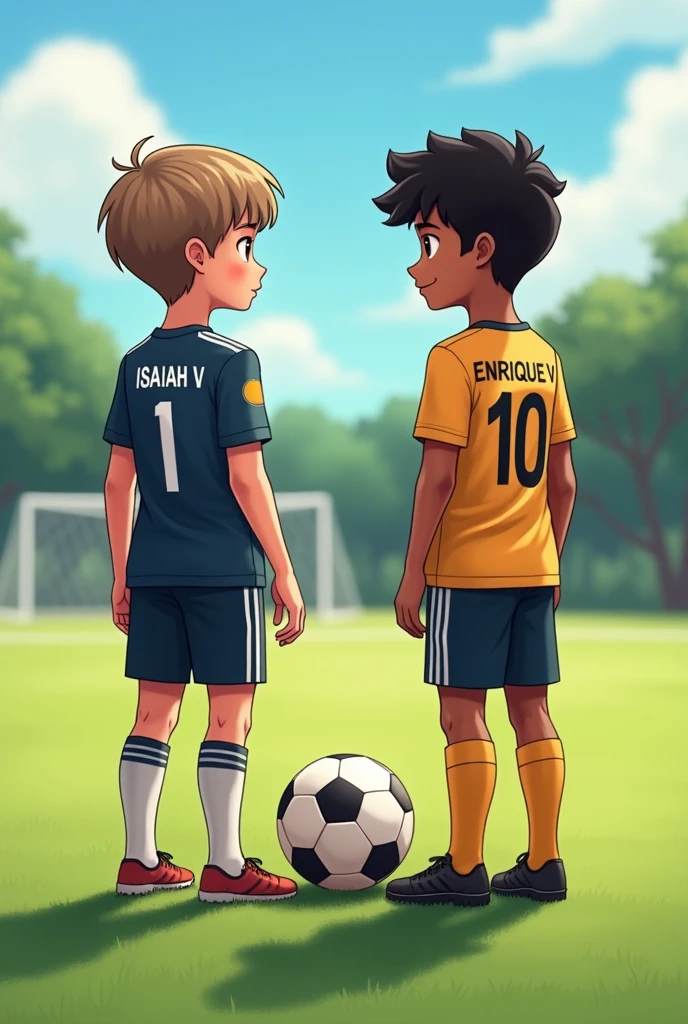 Two teenage brothers, between  and 14 yearsoth have the same height, They are standing in the middle of a soccer field.
One is white skin, short straight light brown hair, Brown eyes, He has a soccer goalkeeper&#39;s uniform with the number 1 on his back, it says ISAIAH V.
The other is light brown skinned with straight black hair., He has a soccer uniform with the number 10 on the back and it says ENRIQUE V and he doesn&#39;t have any gloves. There is a ball in the middle of them.