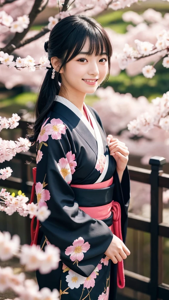 Young Japanese woman wearing traditional Japanese kimono、Black hair tied up、Has a gentle smile。The background is a garden with cherry blossoms falling。