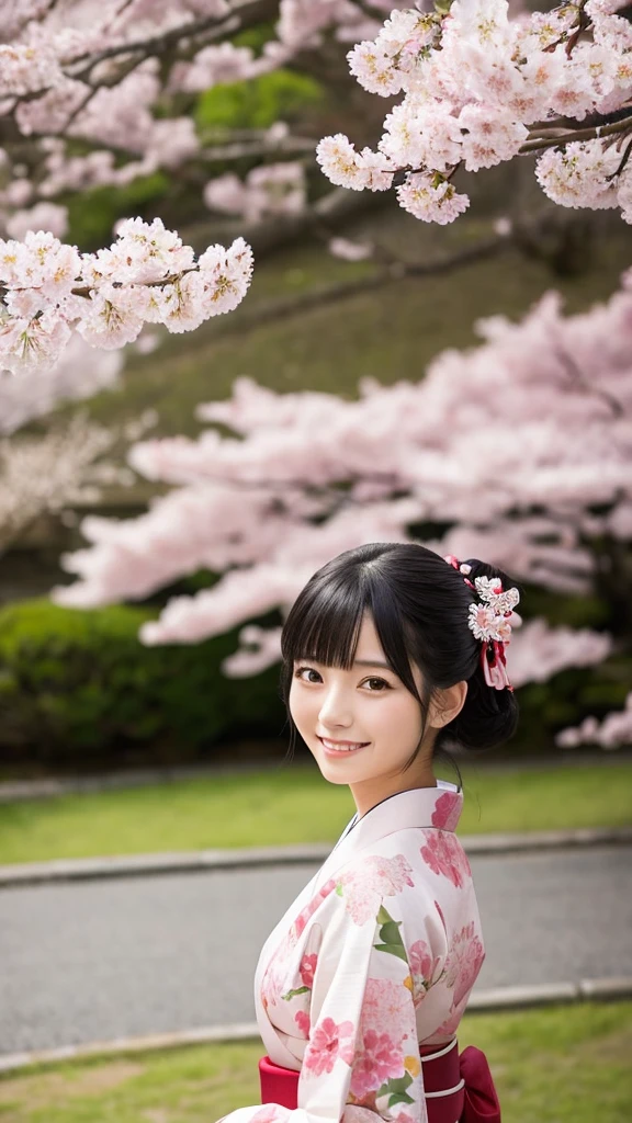 Young Japanese woman wearing traditional Japanese kimono、Black hair tied up、Has a gentle smile。The background is a garden with cherry blossoms falling。