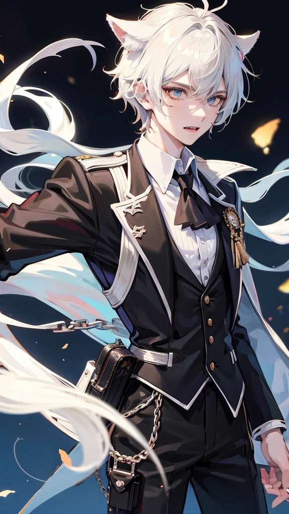 1 boy, anime, futuristic setting, high quality, wolf ears, wolf tail, butler suit, white button-up, spiked collar, chains, holster belts, sleeves rolled up, some undone buttons, scars, bandages, messy hair, fangs, moles