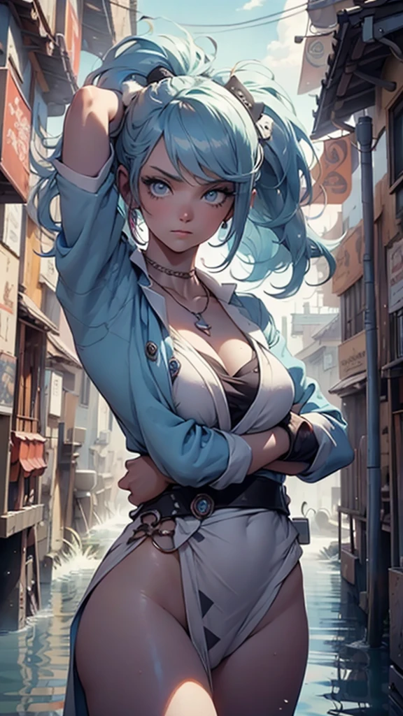 jedi, lightsaber, fair robes, flegs, foreigner, curvey, Seriously, lightsaber azul, (best qualityer)+, work of art+Blue hair length to mid back, with a necklace and a blue and white dress, a halo of water over the head, visible scales on the body and face, NSFW,ultra-realistic skin,pose, pose,template sheet, 3D style, sexly