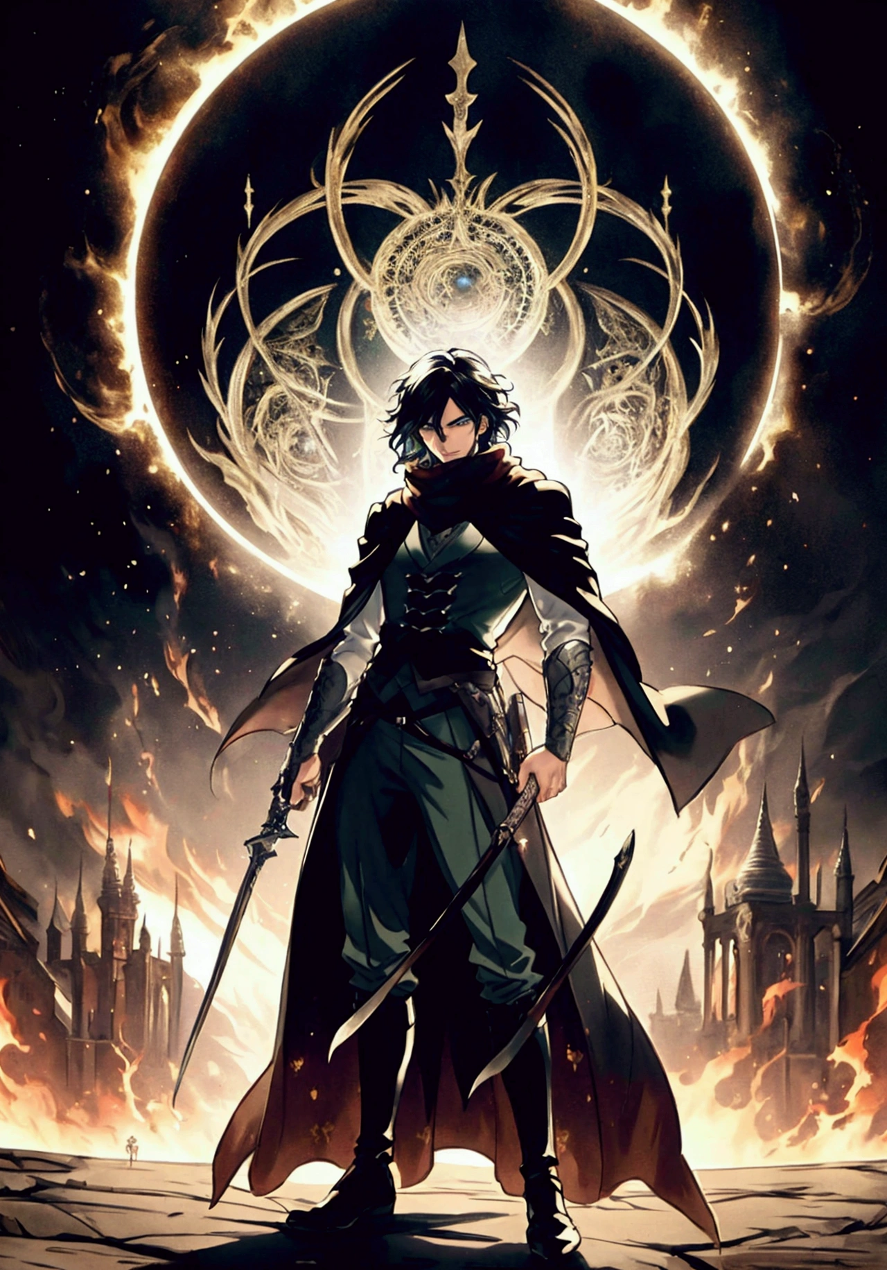 (Masterpiece), ((Highest Quality)),(Official Art),dark epic:1.2),(1 solo anime man: 1.3). A Middle-Eastern assassin man with jet black hair, green eyes, tan skin, and mouth covered with scarf. He wears a white robe, standing inside a dark temple surrounded by fire background. Detailed picture. Detailed eyes. Masculine jaw. Soft fairytale picture Arthur Rackham-style. Colorful, best detailed ((super detailed)), (highly detailed 2D anime man illustration), ((dark and beautiful))