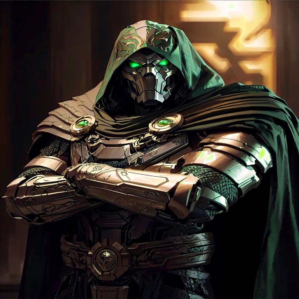 a close up of a person in a costume with a hood on, cyborg dr doom in ornate armour, doctor doom, mf doom with reptile eyes, covered in full silver armor, king of time reaper, menacing. unreal 5, rendered in corona, 8k portrait render, unreal 5 render, wearing green armor and helmet, dark supervillain, tor from marvel