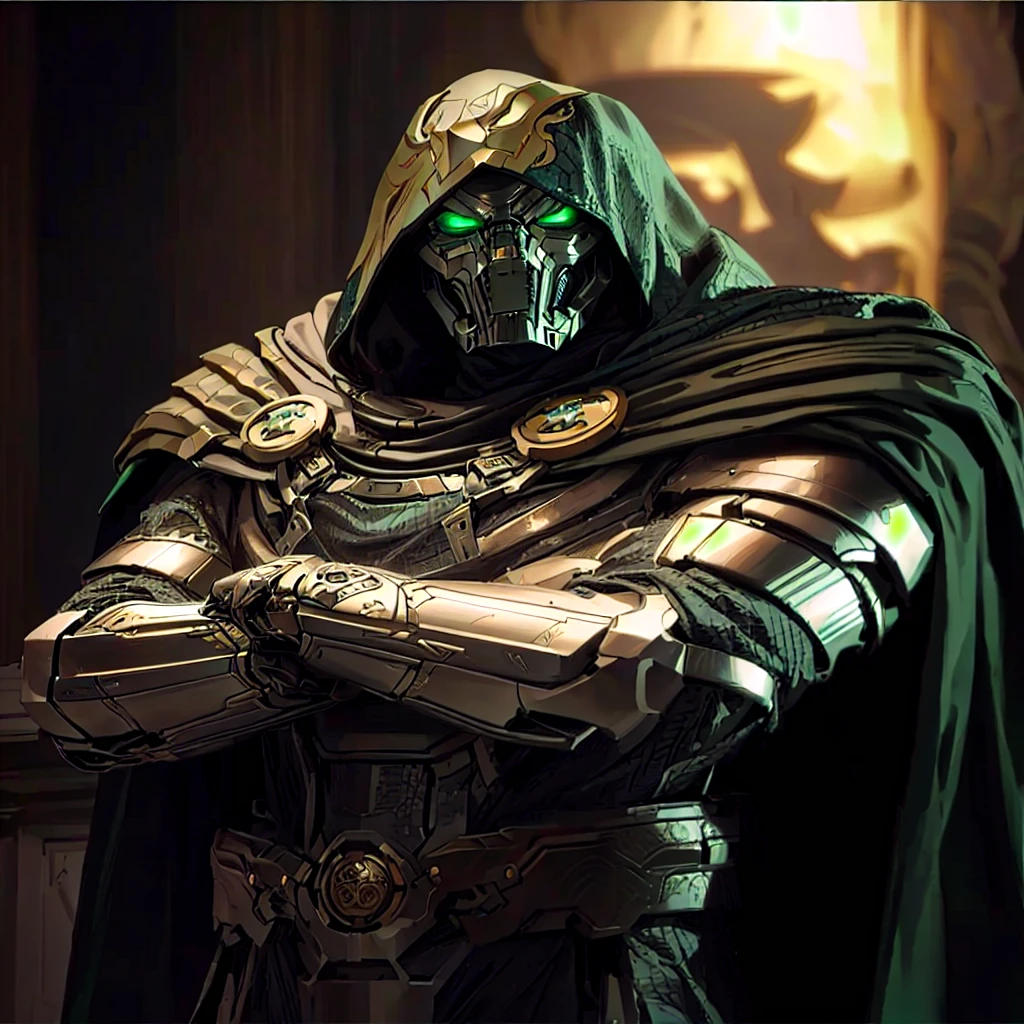 a close up of a person in a costume with a hood on, cyborg dr doom in ornate armour, doctor doom, mf doom with reptile eyes, covered in full silver armor, king of time reaper, menacing. unreal 5, rendered in corona, 8k portrait render, unreal 5 render, wearing green armor and helmet, dark supervillain, tor from marvel