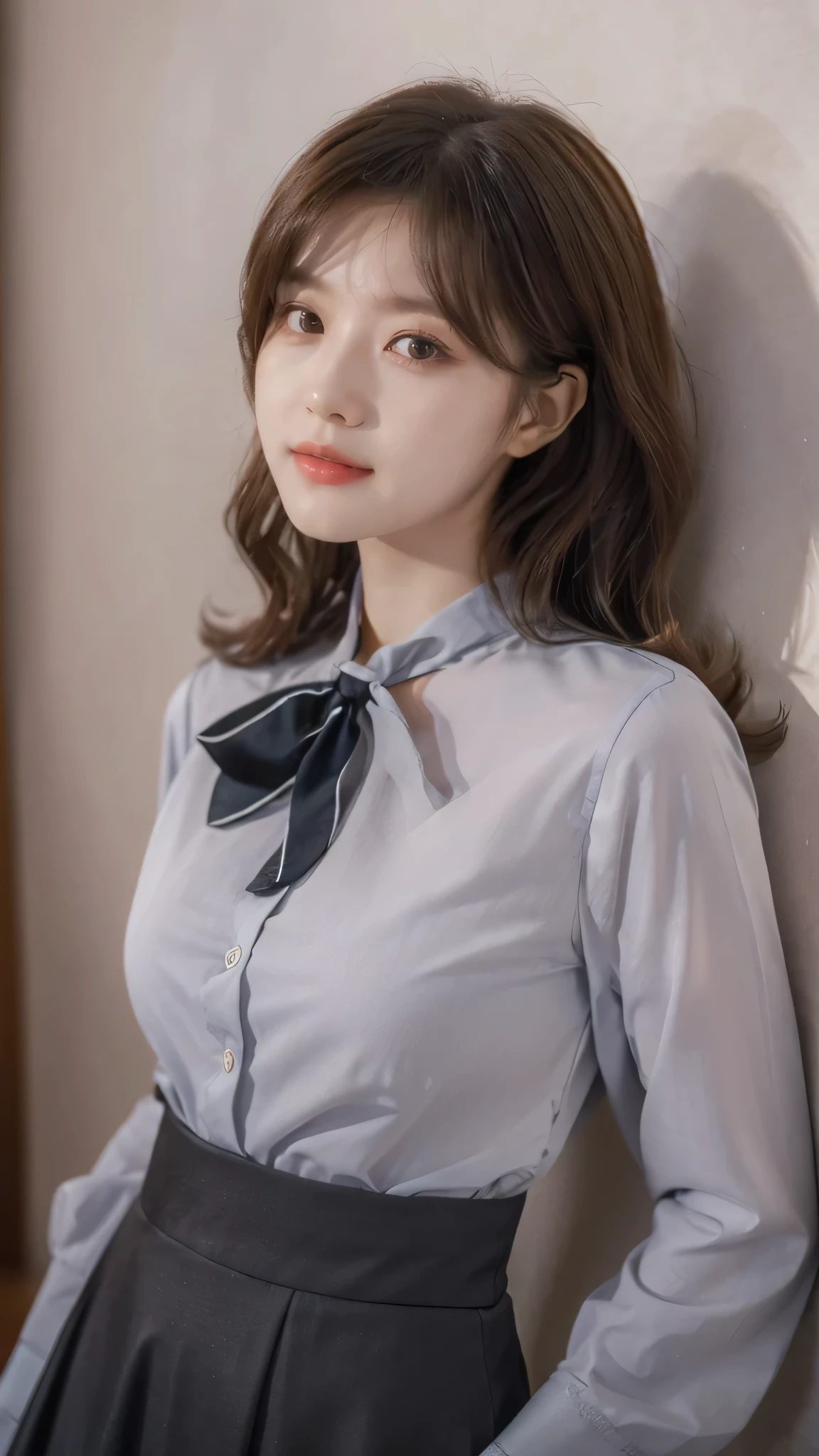detailed background, masterpiece, best quality, 1 person , curly hair, long hair, purple eyes, star in eye , grey blouse, long skirt, grey,, grey blouse , beautiful bow, detailed bow, , covered