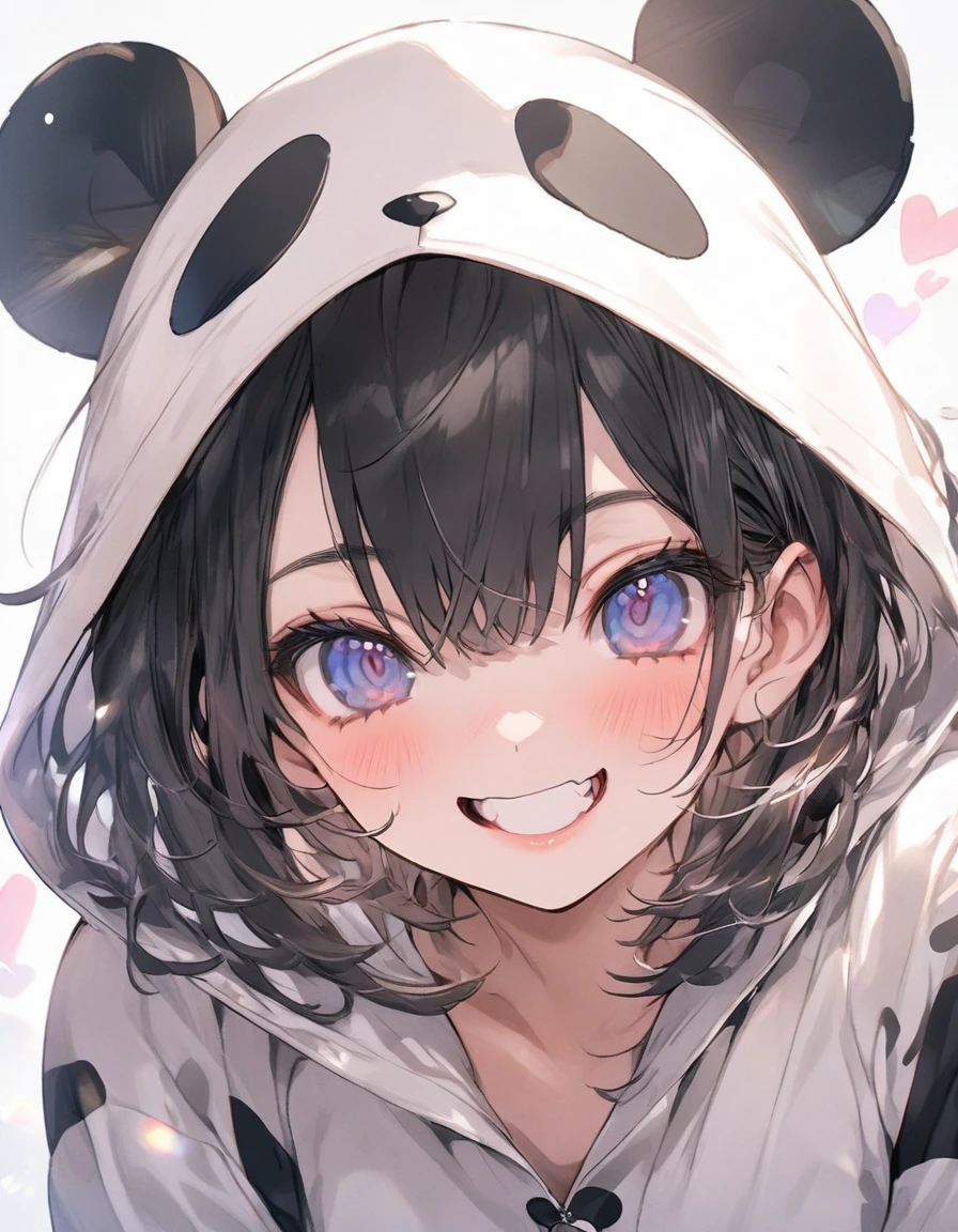 masterpiece、20 year old girl、Black Hair、short Hair、smile、(((panda pajamas, panda face hood)))、Upper body, heart background