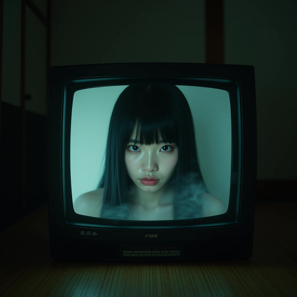 (masterpiece:1.2, Best Quality:1.2), 32K HDR, High resolution, Solo, 1girl in, (Ultra-realistic portrait of Sadako Yamamura, the ring_Japan horror movies), ((Black hair, Long hair, hair over eyes, Long bangs)), (White skin, pale skin) (((static screen on tv:1.1, top down - bottom up, Coming out of the TV))), Detailed skin texture, Detailed face, (Dark atmosphere:1.1, Dark living room:1.1, in the abandoned house, in Japan),