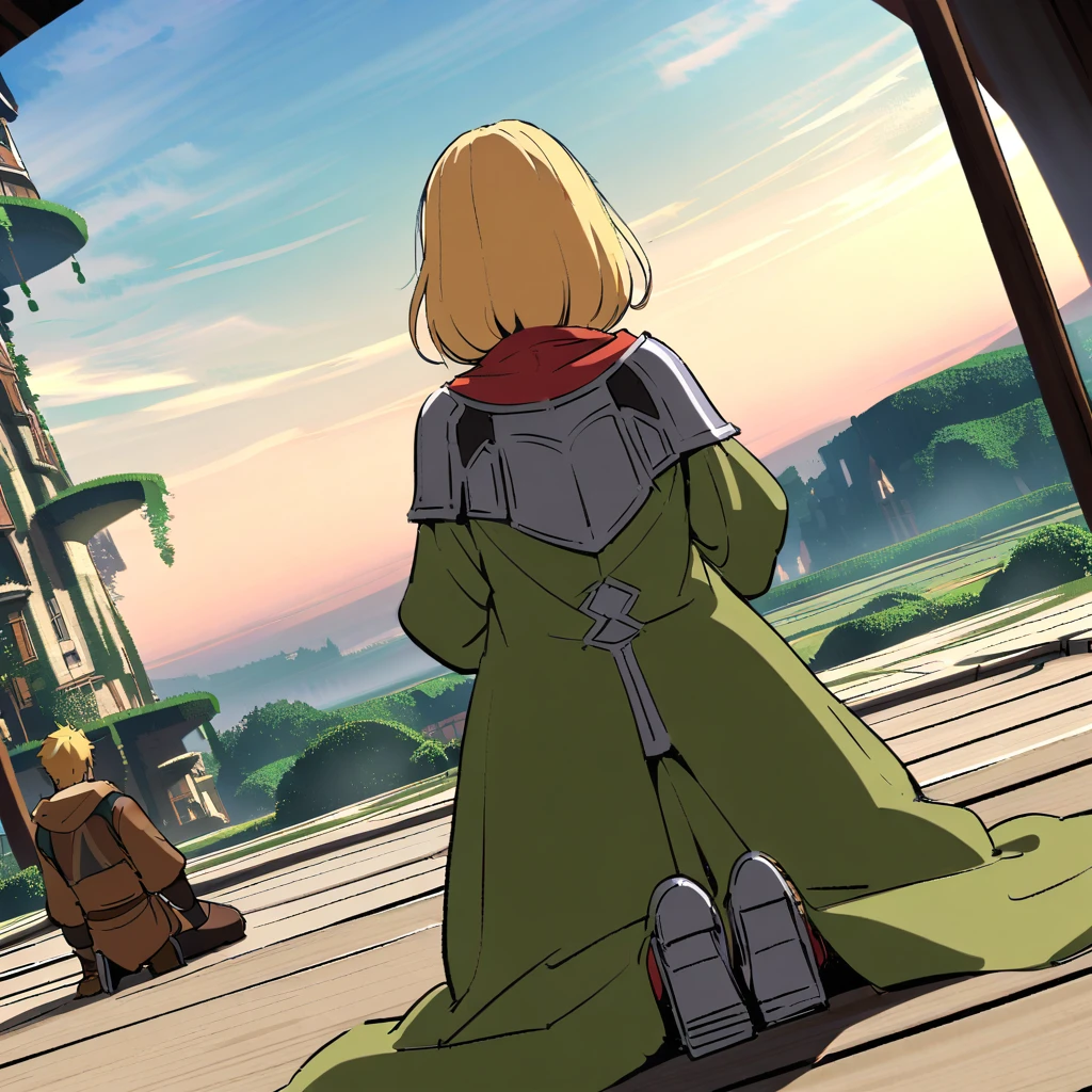 {{cowgirl shot, dutch angle, female focus}} {{Artist: Sincos}}
girl, long green mage robe, blonde, kneeling on the floor, far away, backshot, boy next to girl, boy, blonde hair, heavy armor backshot, adventurer, unique, Hanging Garden village, fantasy, mystery,