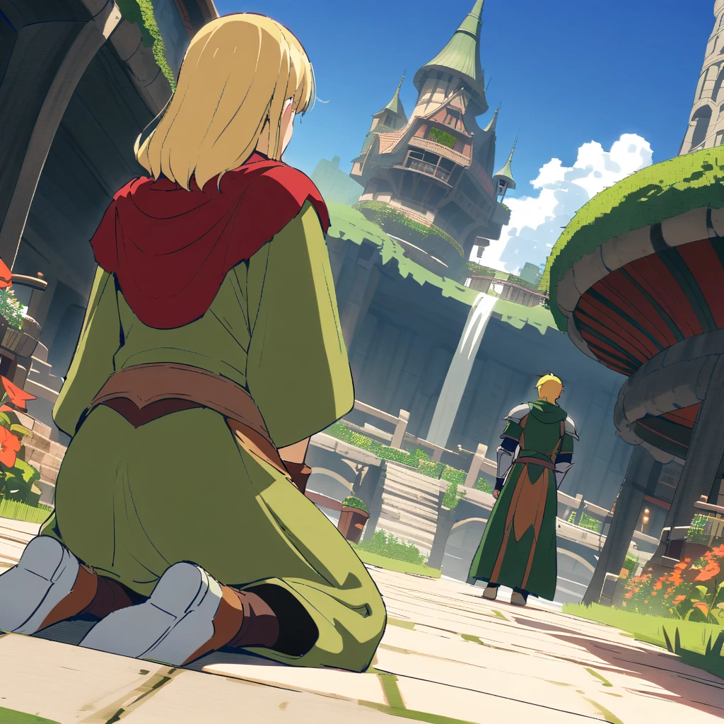 {{cowgirl shot, dutch angle, female focus}} {{Artist: Sincos}} 

girl, long green mage robe, blonde, kneeling on the floor, far away, backshot, boy next to girl, boy, blonde hair, heavy armor backshot, adventurer, unique, Hanging Garden village, fantasy, mystery, 