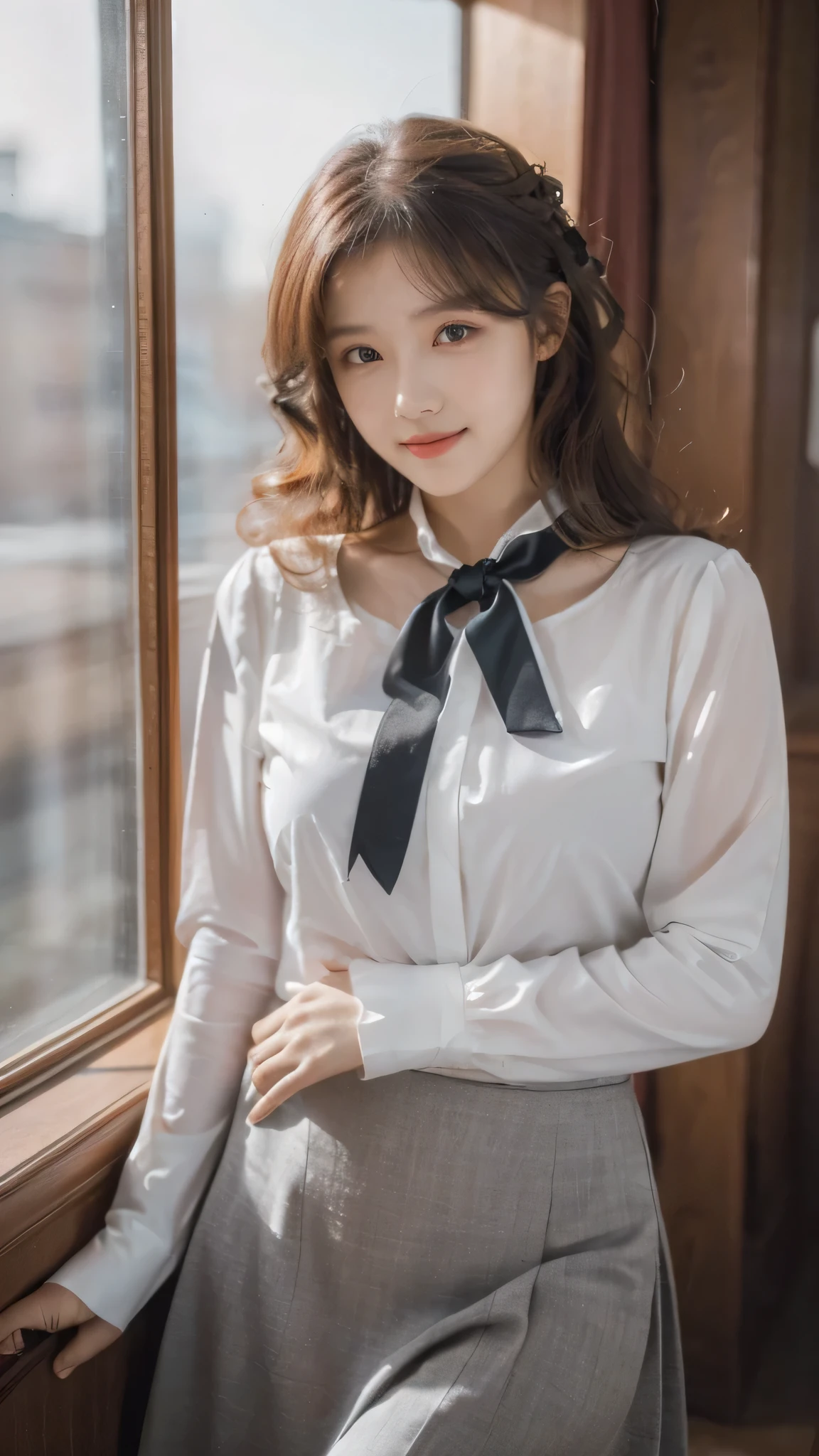 detailed background, masterpiece, best quality, 1 person , curly hair, long hair, purple eyes, star in eye , grey blouse, long skirt, grey,, grey blouse , beautiful bow, detailed bow, , covered