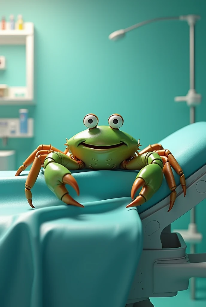 Create an image of a green crab lying on a hospital gurney happy because the operation went well