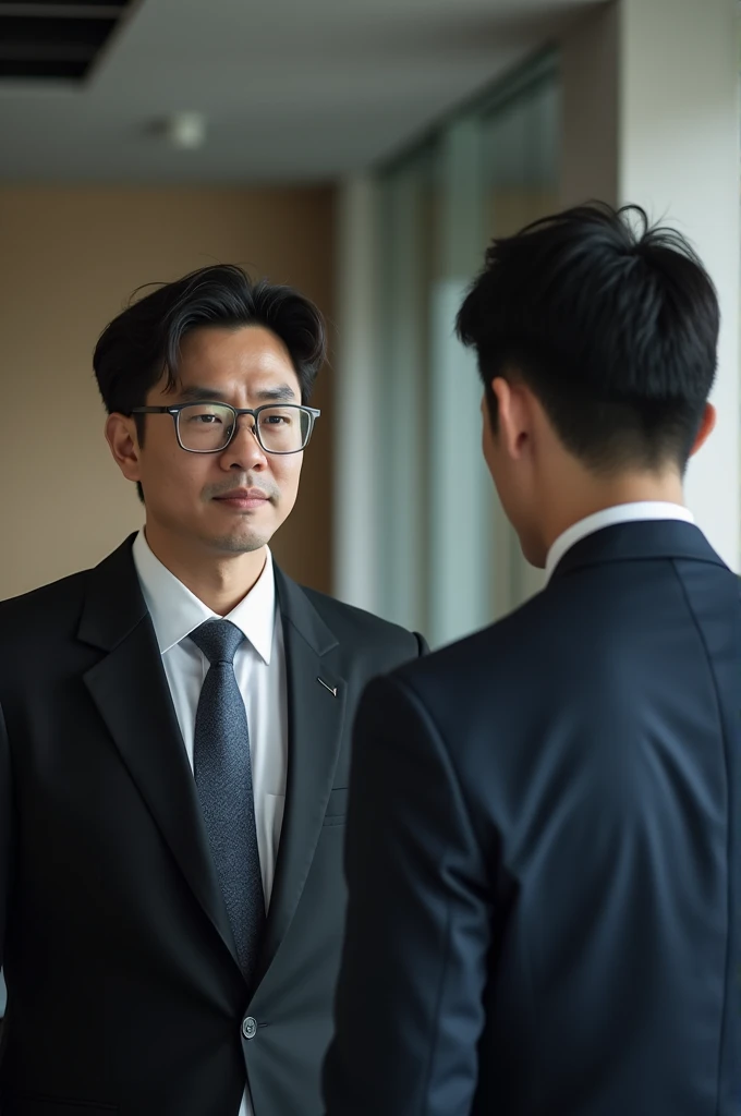 man with businessman glasses and a black suit with somewhat disheveled hair and a Korean man without a bar taking a photo