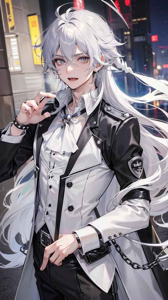 1 boy, anime, futuristic setting, high quality, wolf ears, wolf tail, butler suit, white button-up, spiked collar, chains, holster belts, sleeves rolled up, some undone buttons, scars, bandages, messy hair, fangs, moles, silver hair, mixed eyes, white eyelashes