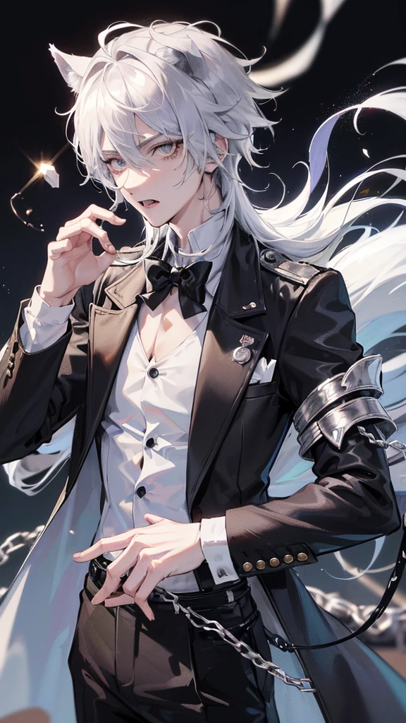 1 boy, anime, futuristic setting, high quality, wolf ears, wolf tail, butler suit, white button-up, spiked collar, chains, holster belts, sleeves rolled up, some undone buttons, scars, bandages, messy hair, fangs, moles, silver hair, mixed eyes, white eyelashes