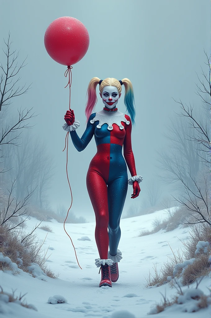 Harley Quinn with balloon in polar winter