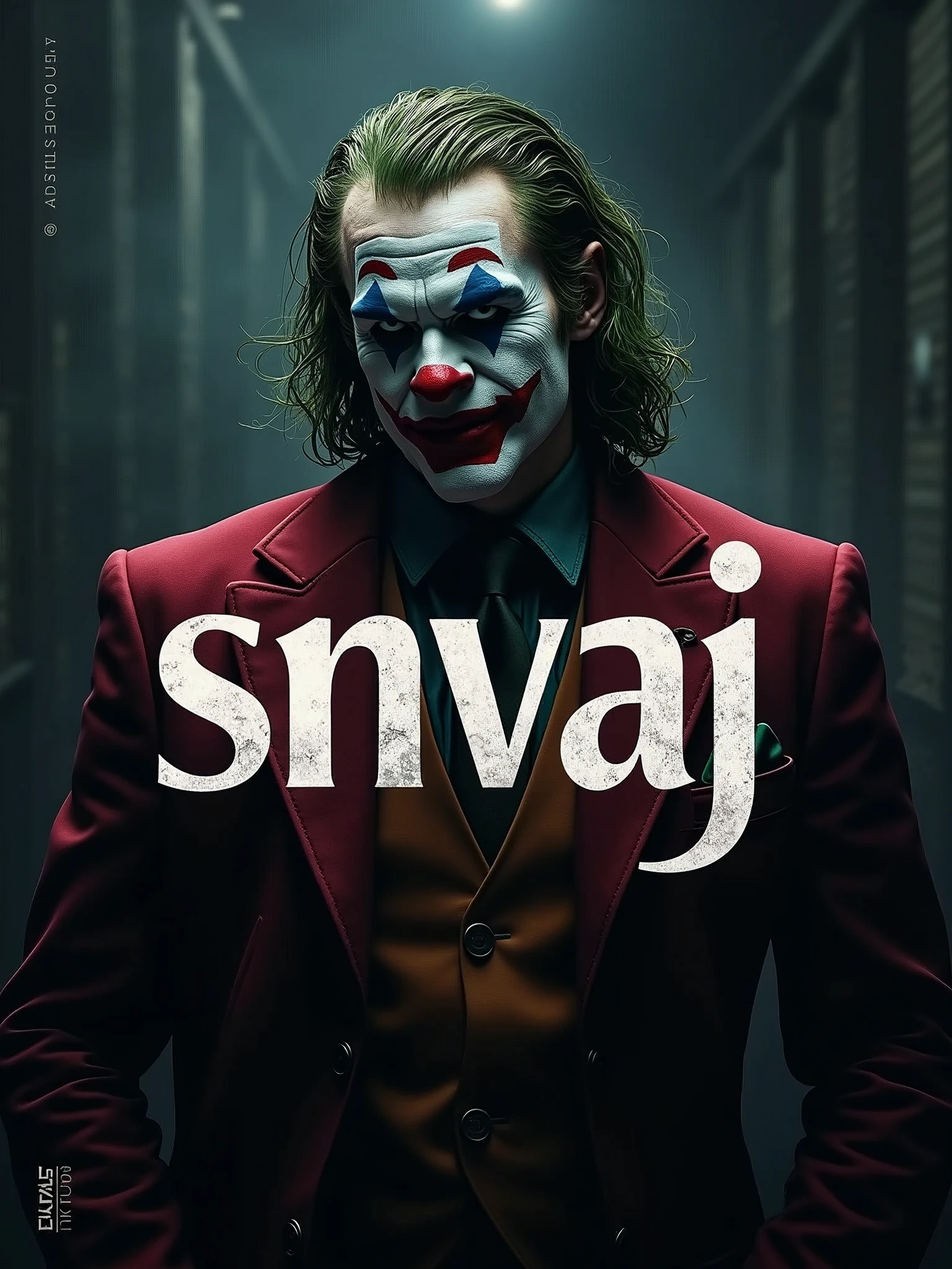 logo "snvaj" stylish letter logo front, background joker , realistic and attitude with logo joker