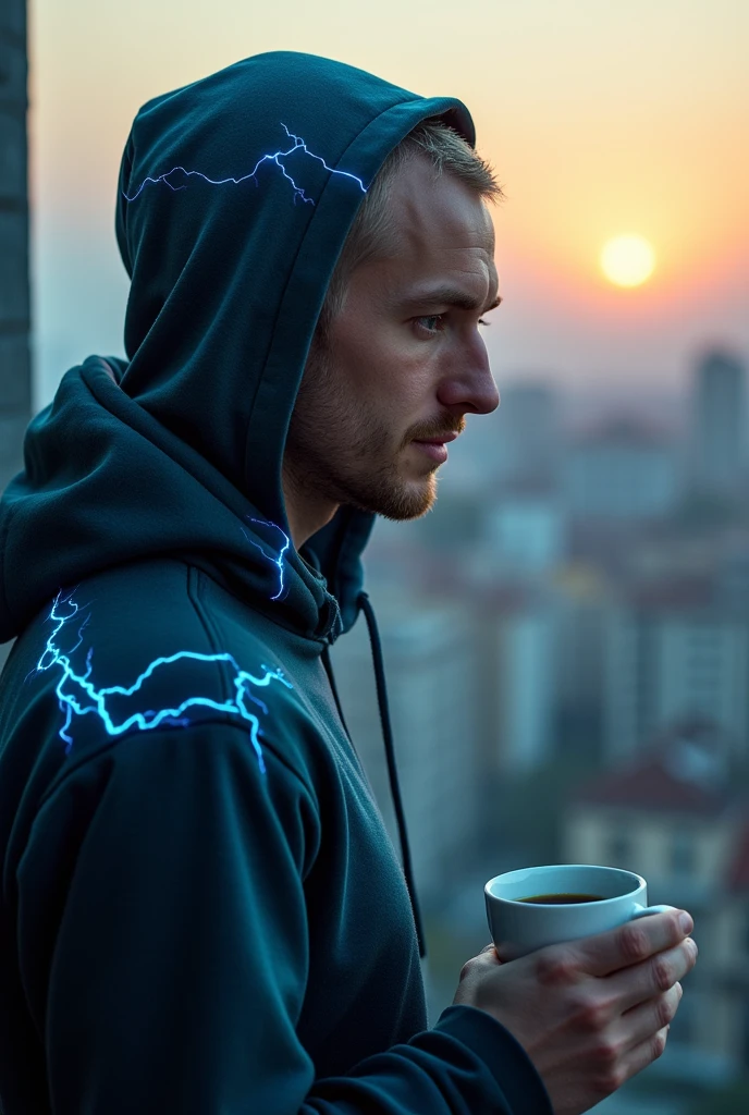 high quality, 8K Ultra HD,(photorealism:1.2),real style,Dutch angle,double exposure,digital magic style,Hyperdetailed,Hyperrealistic,Realism,RAW photography of a mysterious man wearing digital hoody,blonde buzz-cut hair,goatee,blue lightnings,casting a mug of coffee,satisfied expressions,balcony,city with sunrise,saying:"Good Morning" ; 4k ultra fine detailed,cinematic,photo realistic,dynamic lighting,masterpiece,12k,high definition,smooth,ultra high definition,ultra sharp focus, intricate artwork masterpiece,,by Greg Rutkowski, by Alphonse Mucha