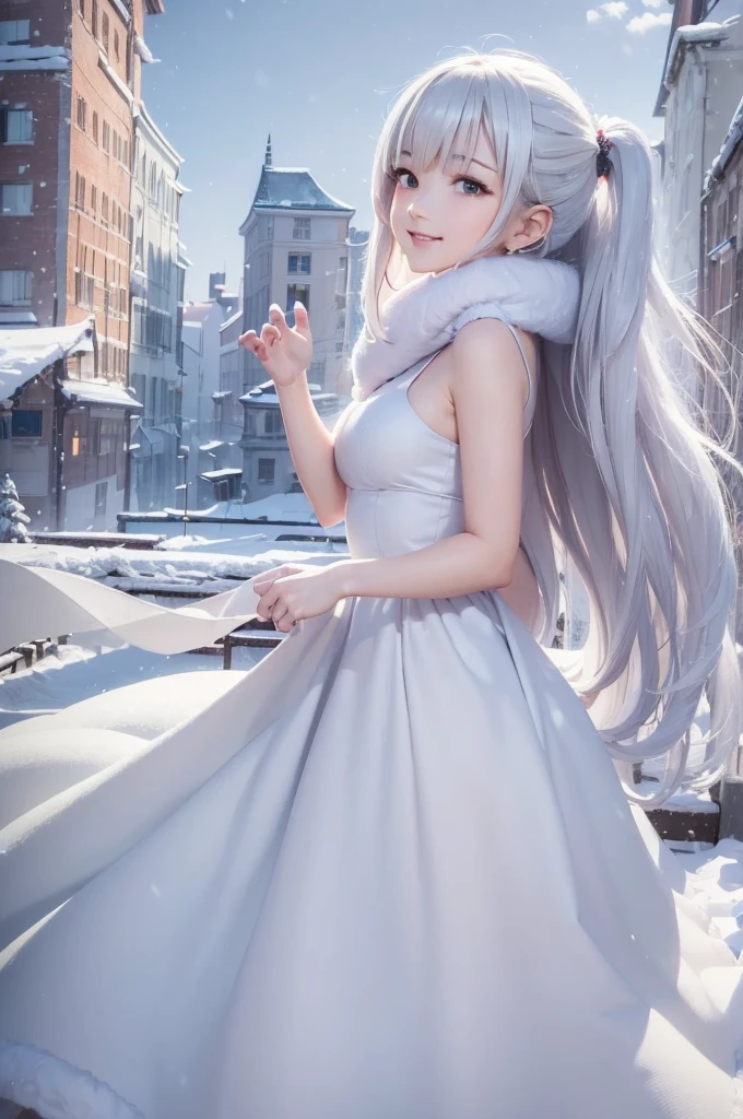 (the upper body:1.5).masterpiece、Highest quality、1 girl, winter, platinum blonde hair, Cute girl, smile, close mouse, medium breasts, sideboob:1.4, white dress, winter clothes, long skirt, Fur coat、Small waist、Thin legs、outdoors, front of the lake, snow falling, Prayer Pose, join hands, from side:1.5, side view,