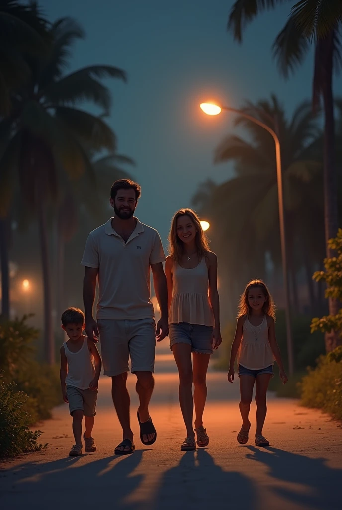 Man walking on a dark street with his wife and 3 children leaving a beach party