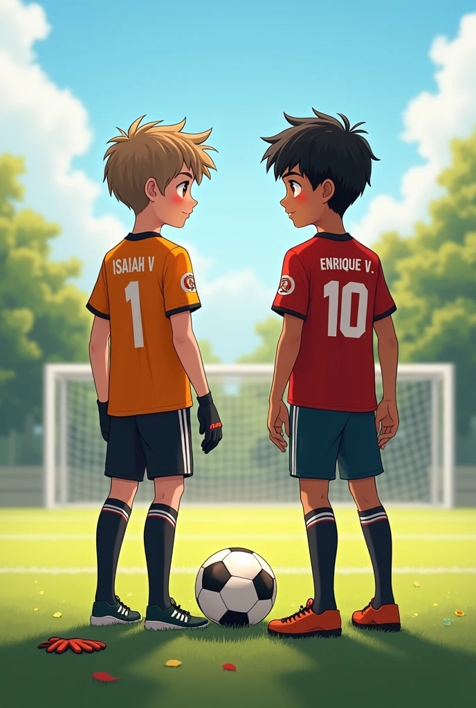 Two teenage brothers, between  and 14 yearsoth have the same height, They are standing in the middle of a soccer field.
One is white skin, short straight light brown hair, Brown eyes, He has a soccer goalkeeper&#39;s uniform with the number 1 on his back, it says ISAIAH V.
The other is light brown skinned with straight black hair., He has a football uniform with the number 10 on the back and says ENRIQUE V.
There is a ball in the middle of them and a soccer glove on the grass 