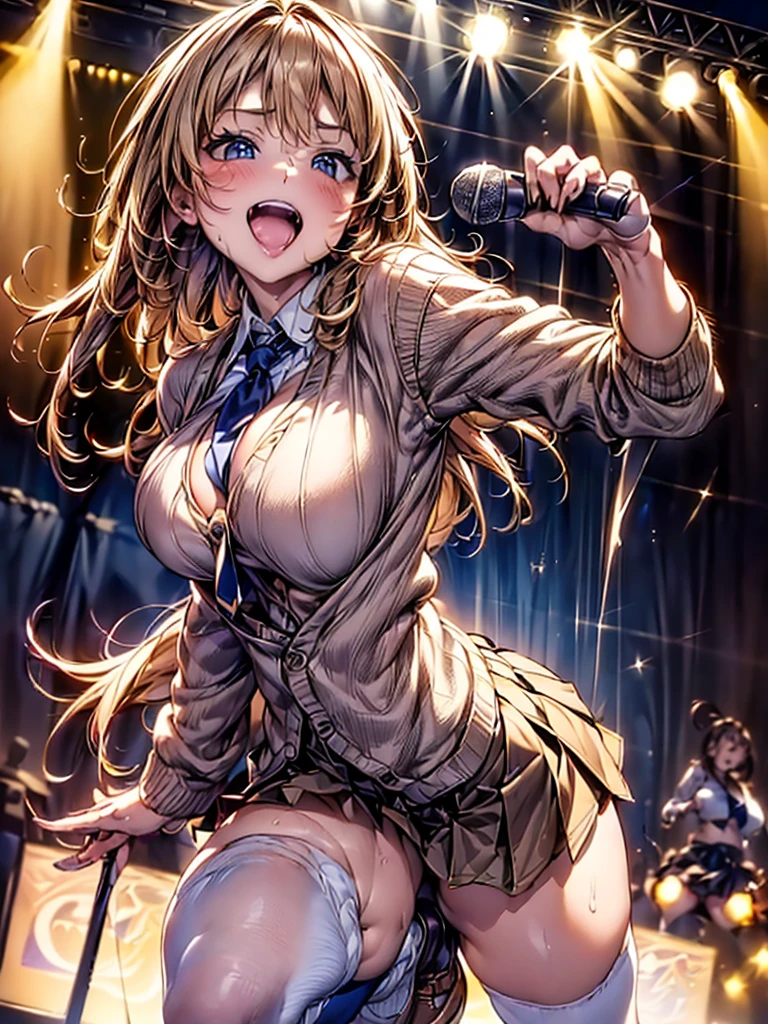 Browsing Caution,​(Highest quality, 8k, masterpiece:1.3,beautiful girl), ((Karaoke Box)),(Very detailed)Glowing Skin,(((Long Hair,blonde,Beautiful Hair))),(Perfect Anatomy, Anatomically correct, Very detailed肌),((Golden Eyes)),((Perfect Fingers,Five Fingers)),((Light blue collared shirt, Navy pleated mini skirt, socks, Navy tie, Light brown cardigan, White knee socks)),Pink Panties,  Knee-high socks,Knee-high socks on both feet,Double teeth,Big Breasts,Big Ass,look up,A slightly higher angle, Focus Only,Very smiling,Sing with a microphone,Sweat on the forehead,