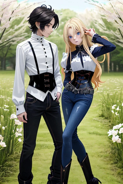 Anime style scene with a 21-year-old female character with a mature face, arching her back, and an adolescent boy standing behind her, looking at her. The woman has long, waist-length, wavy blond hair, V bangs, and blue eyes, wearing a white blouse with a chocolate-colored corset over it, skinny tight blue jeans, and high boots. The boy has short dark hair, a slim build, and is wearing casual clothes. They are in a vibrant spring field at midday, with the boy's gaze focused on the woman, creating a dynamic and intriguing atmosphere.