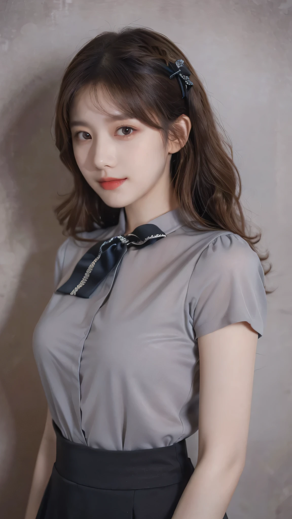 detailed background, masterpiece, best quality, 1 person , curly hair, long hair, purple eyes, star in eye , grey blouse, long skirt, grey,, grey blouse , beautiful bow, detailed bow, , covered