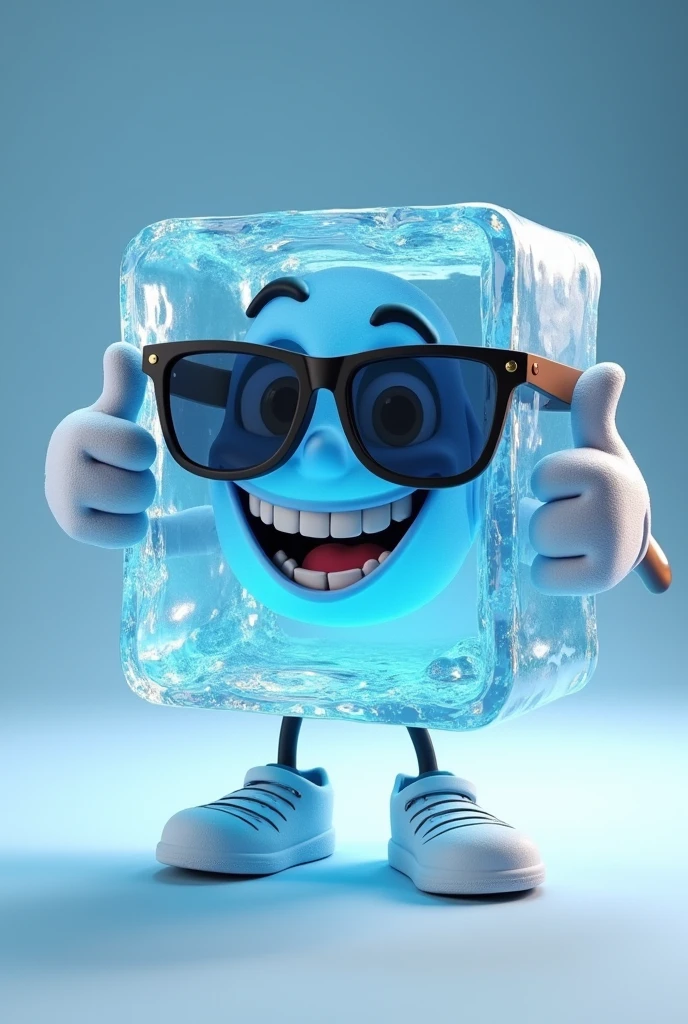generates an animated ice cube with limbs wearing sunglasses smiling, With one hand he grabs the bottom of the glasses and with the other he makes a thumbs up