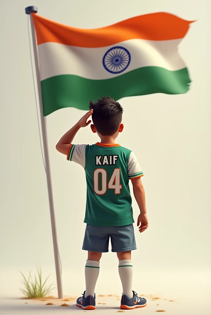 A boy salute indian flag. His name is Hazim
 written in his shirt
