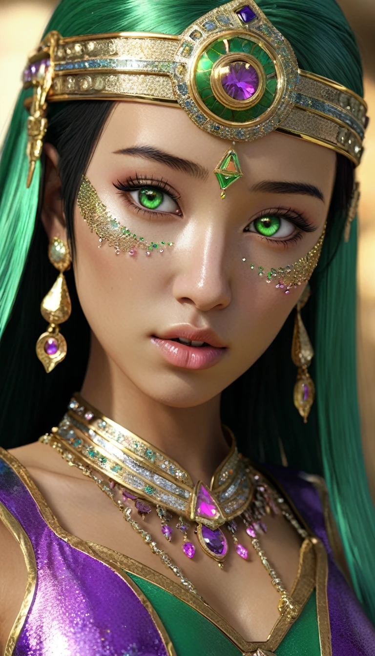 egyptian girl, Inspired by Nefera de Nile, her shiny outfit, adorned with different jewels, In addition to her hair having various highlights and on the right side of her hair it becomes platinum in an equally bright way. Her hair is green, but it has details and sparkles in golden tones. Her eyes are pink almost purple, and his features are Asian, with the face of Eunchae of Lesserafim, Eunchae of Lesserafim factions. 