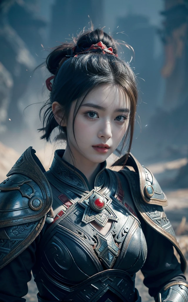masterpiece,Game Art,Best picture quality,Maximum resolution,8K,(portrait),Unreal Engine 5 rendering works,(Digital Photography),
girl,Colored Contact Lenses,(Gradient short hair blue red),plump,(Large Breasts),(portrait photography:1.5),
(Tang Dynasty Heroine),Casual Hairstyle,Exquisite face,Sharp eyes,With murderous intent,(plump乳房,Large Breasts),Serious,Cool and elegant,(Wearing combat armor that combines the characteristics of ancient Chinese clothing,complex patterns,Mysterious light,Hollow Armor),(Red and black),Ancient fantasy style character movie lighting,Ray Tracing,Game CG,((3D Unreal Engine)),oc render reflection texture