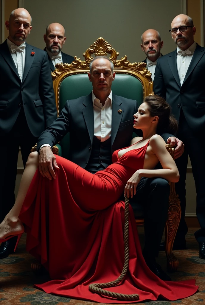 A man handsome tall white wearing mafia outfit sits on the royal bench and a girl beauty in red dress sits on the lap that boy in a horizontal position, 4 other men tall handsome not older, look at the girl stand around the royal bench with There is a rope around the neck and the end of the girl hand