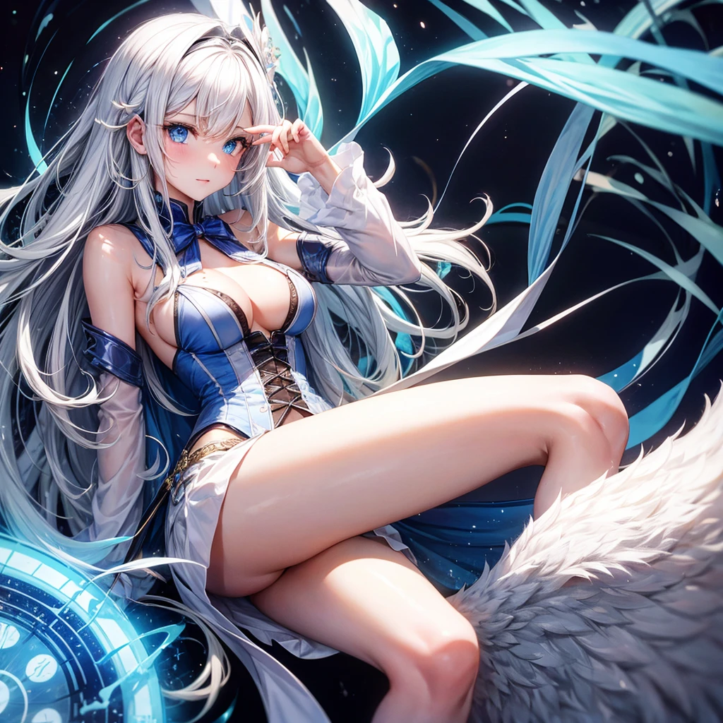 A sexy white girl, white hair and blue eyes, wearing a librarian's uniform and tights, the clothes very tight on her body, your bulky body, she with glasses and a book in her hand, sitting at a table in the library