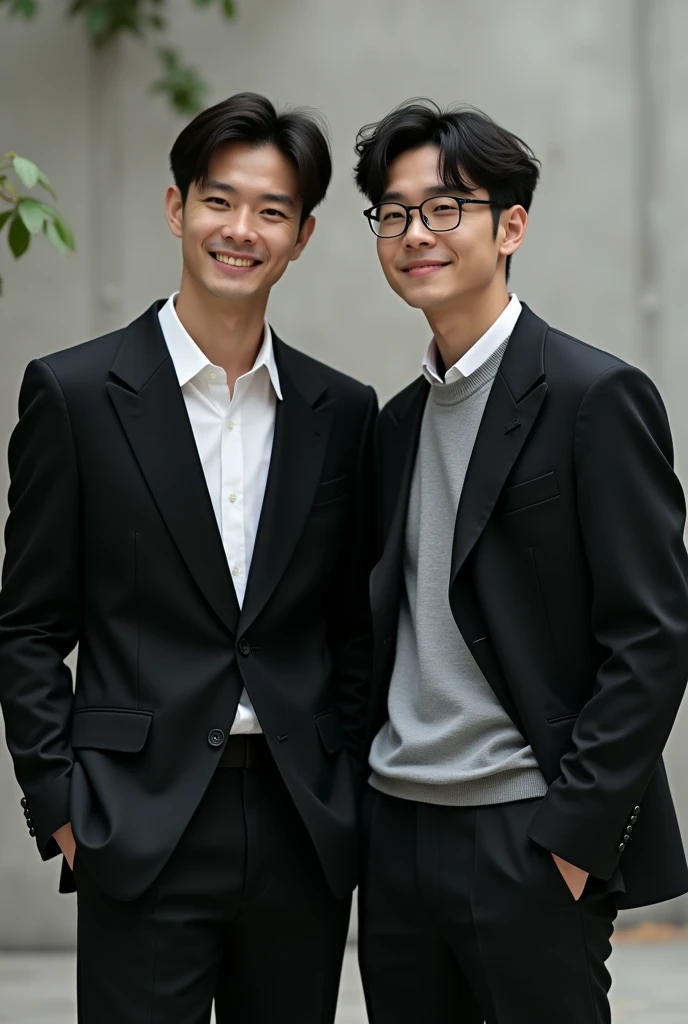 man with businessman glasses and a black suit with somewhat disheveled hair and a Korean man without a bar taking a photo